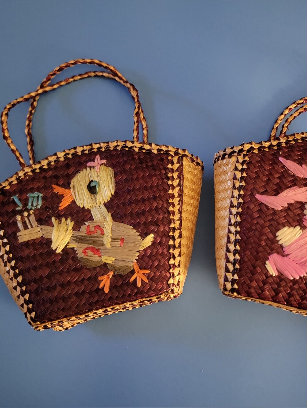 Lot Of 2 Handwoven Brown and Tan Straw Tote with Decorative Chick And Bunn Motif